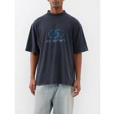 Balenciaga Unisex T-shirts Balenciaga Oversized Logo-print Cotton-jersey T-shirt Mens Black Blue