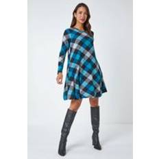 Checkered Dresses Roman Check Print Swing Stretch Dress Teal