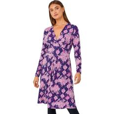 Long Dresses - Purple Roman Abstract Aztec Gathered Stretch Dress Purple