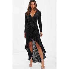 Lange Kleider - Samt Quiz Black Velvet Animal Print Ruffle Maxi Dress, Black, 12, Women Black