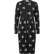 Herre - XS Kjoler Masai Namoli Dress Black Long Sleeve Knee Length Jersey Zip Neck Detail Floral Flower Print XL, BLACK