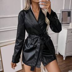 Shein Essnce Double Breasted Belted PU Leather Trench Coat