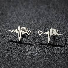 Shein Pair Trendy Heart Wave Stud Earrings Black Stainless Steel Heartbeat Stethoscope Earings Women Doctor Accessories Jewelry Gift