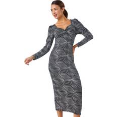 Silver Dresses Roman Geometric Glitter Print Midi Stretch Dress Silver