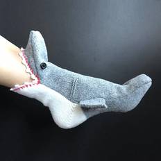 Shein 1pair Unisex Christmas Shark Socks Funny Animal Bite Foot Knitted Floor Socks red Mouth With Grey