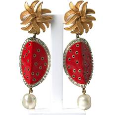 Dolce & Gabbana Örhängen Dolce & Gabbana Red Watermelon Gold Brass Crystal Clip Dangling Earrings