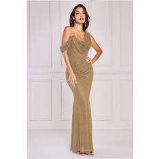 Gold - Long Dresses Goddiva Sequin Cowl One Shoulder Maxi Gold