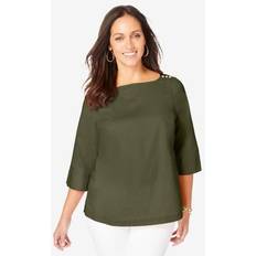 Jessica London Clothing Jessica London Plus Women's Stretch Poplin Button Boatneck Tunic in Dark Olive Green Size W