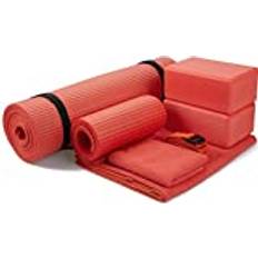 BalanceFrom GoYoga 7-teiliges Set – inklusive Yogamatte mit Tragegurt, 2 Yoga-Blöcken, Yogamatten-Handtuch, Yoga-Gurt und Yoga-Kniepolster rot, 1,27 cm dicke Matte