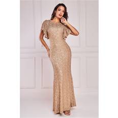 Evening Gowns Dresses Goddiva Sequin Flutter Sleeve Maxi Gold