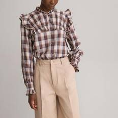 Cuadros Blusas Checked Ruffled Collar Blouse in Cotton Mix Brown Checks