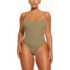 Skiing - Women Bodysuits SKIMS Womens Khaki Fits Everybody Square-neck Stretch-woven Bodysuit