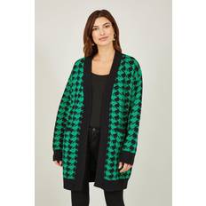 Green - Women Cardigans Yumi Green Dogtooth Intarsia Knit Long Cardigan