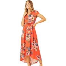 Orange - Women Clothing Yumi Orange Floral Wrap Dip Hem Dress