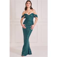 Evening Gowns - Green Dresses Goddiva Off The Shoulder Sequin Wing Maxi Emerald