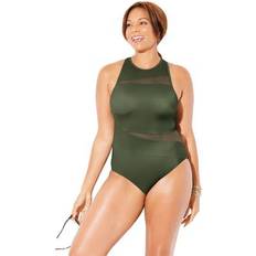 Swimwear Swimsuits For All Plus Women's Chlorine Resistant High Neck Mesh One Piece in Military Size 10