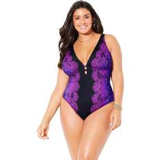 Purple Swimsuits Swimsuits For All Plus Women's Deep V-Neck One Piece in Purple Ombre Lace Print Size 26