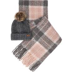 Barbour Saltburn Beanie Hat & Check Scarf Gift Set, Grey/Rose