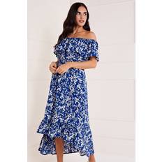 Yumi Blue Ditsy Print Bardot Dipped Hem Dress