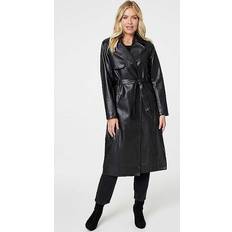 Leather Coats Izabel London Faux Leather Tie Waist Coat Black