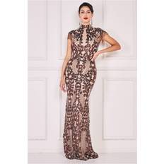 Goddiva Embroidered Sequin Beaded Cap Sleeve Maxi Brown