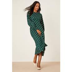 Dorothy Perkins Green Spot Long Sleeve Shirred Cuff Midi Dress