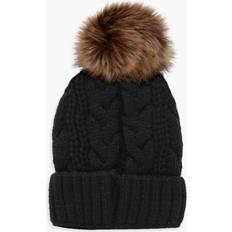 Boohoo Headgear boohoo Cable Knit Faux Fur Pom Beanie Black One