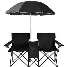 Costway Portable Folding Picnic Double Chair With Umbrella-Black