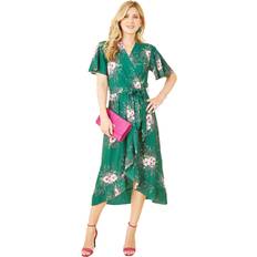 Yumi Green Floral Dip Hem Wrap Midi Dress