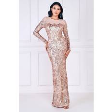 Beige - Long Dresses Goddiva Floral Sequin Mesh Maxi Champagne