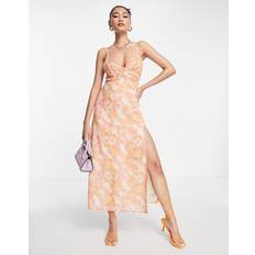 Midikjoler - Oransje ASOS DESIGN ASOS DESIGN cami pleated midi dress with split in coral floral print-Multi16