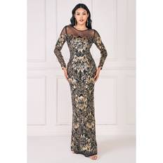 Evening Gowns - Gold Dresses Goddiva Floral Sequin Mesh Maxi Gold