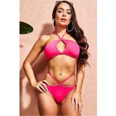 Pink - Women Swimming Trunks Goddiva Criss Cross Keyhole Bikini Fushia