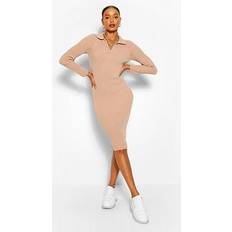 Polo Dresses boohoo Polo Collar Rib Knit Midi Dress Stone