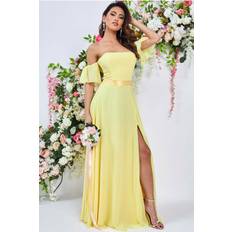 Long Dresses - Yellow Goddiva Draped Off The Shoulder Maxi With Split Yellow