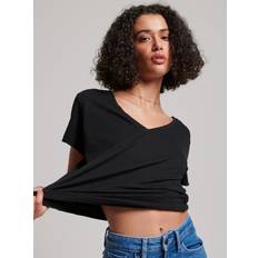 Superdry Damen T-Shirts & Tanktops Superdry Damen Strukturiertes T-Shirt mit V-Ausschnitt und Stickerei Schwarz Größe: Schwarz