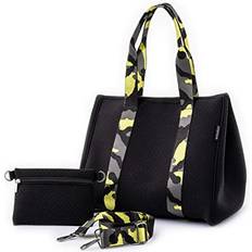 Black Beach Bags URBAGG Neoprene Tote Bag with Zipper Travel Gym and Beach Tote Bag for Women Everyday Handbag Makeup Pouch and Camo Strap