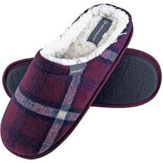 Men - Red Slippers Dunlop Warm Plush Fleece Lined Slip on Mule Checked Plaid House Slippers Red