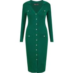 Midi Dresses Yumi Green Knitted Fitted Midi Dress With Buttons