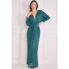 Elastane/Lycra/Spandex - Long Dresses Goddiva Plunge V-Neck Sequin Maxi Emerald