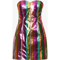 Womens Multi Rainbow Striped Sweetheart-neckline Faux-leather Mini Dress