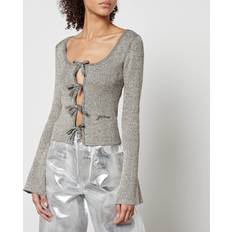 Ganni Woman Cardigans Ganni Metallic Ribbed-Knit Silver