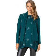 Turquoise - Woman Scarfs Roman Star Print Knitted Tunic with Tassel Scarf Teal