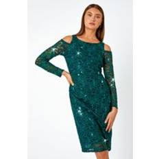 Lace - Midi Dresses Roman Sequin Cold Shoulder Lace Midi Stretch Dress Green