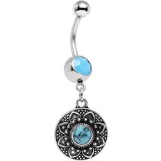 Blue Piercings Body Candy Stainless Steel Brilliant Blue Accent Southwestern Flower Power Disc Dangle Belly Ring