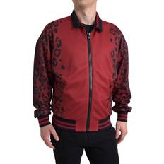 Dolce & Gabbana Red Outerwear Dolce & Gabbana Red Leopard Polyester Bomber Full Zip Jacket IT52