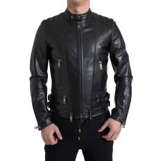 Dolce & Gabbana Leather Jackets Dolce & Gabbana Black Leather Zipper Coat Men Jacket IT48