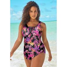 Pink - Women Swimsuit Cover-Ups & Sarong Wraps Plus Women's Sarong-Front Swimsuit by Swim 365 in Pink Neon Floral Size 14