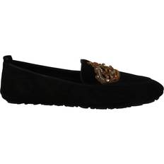 Dolce & Gabbana Loafers Dolce & Gabbana Black Leather Crystal Gold Crown Loafers Shoes