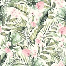 Tropical Floral Green and Pink Wallpaper